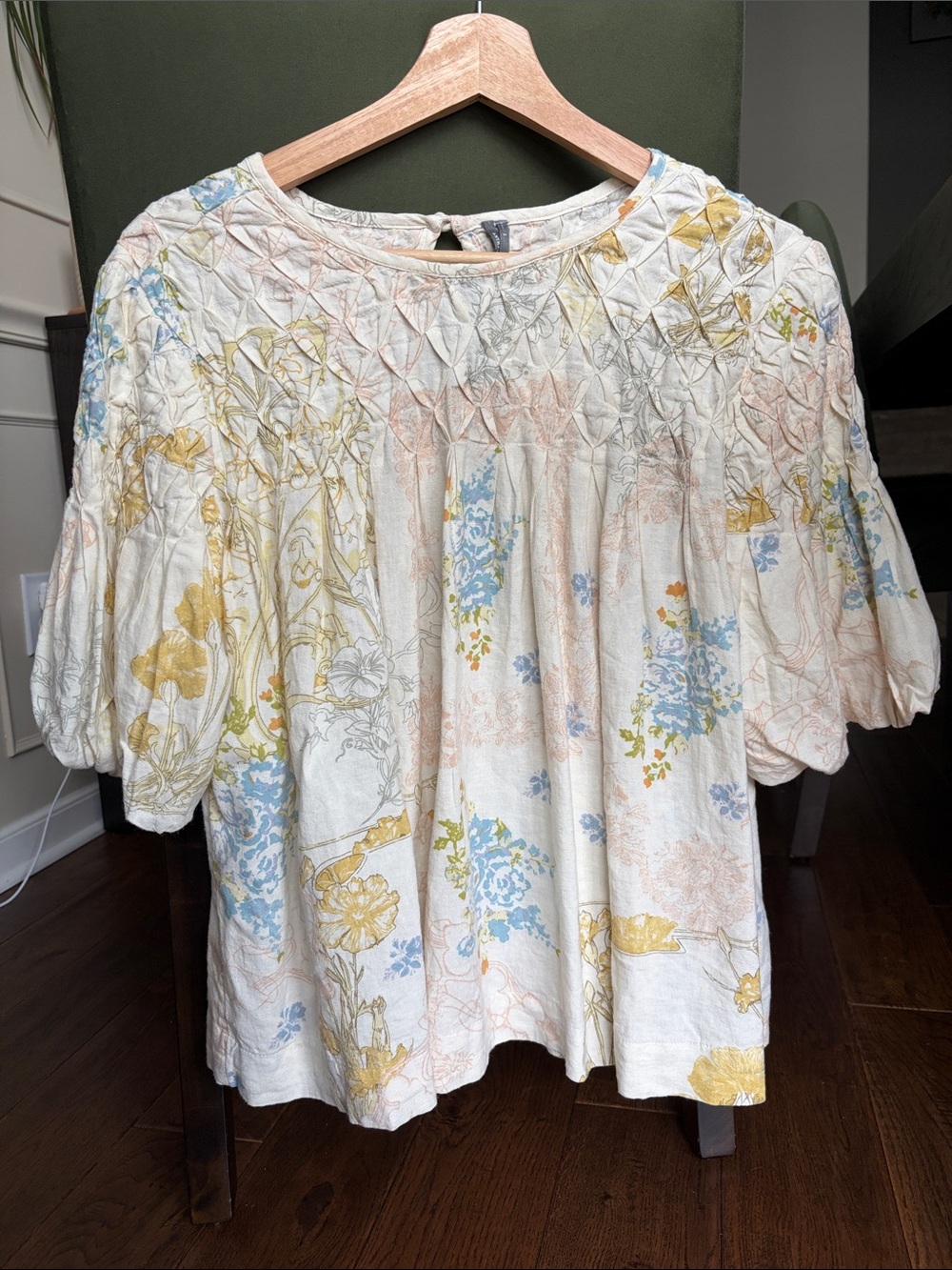 Anthropologie Cream Floral Smocked Puff-Sleeve Blouse